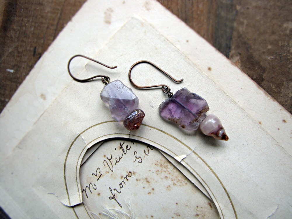 The empress - rustic amethyst slice earrings - tribal princess - delicate everyday jewelry