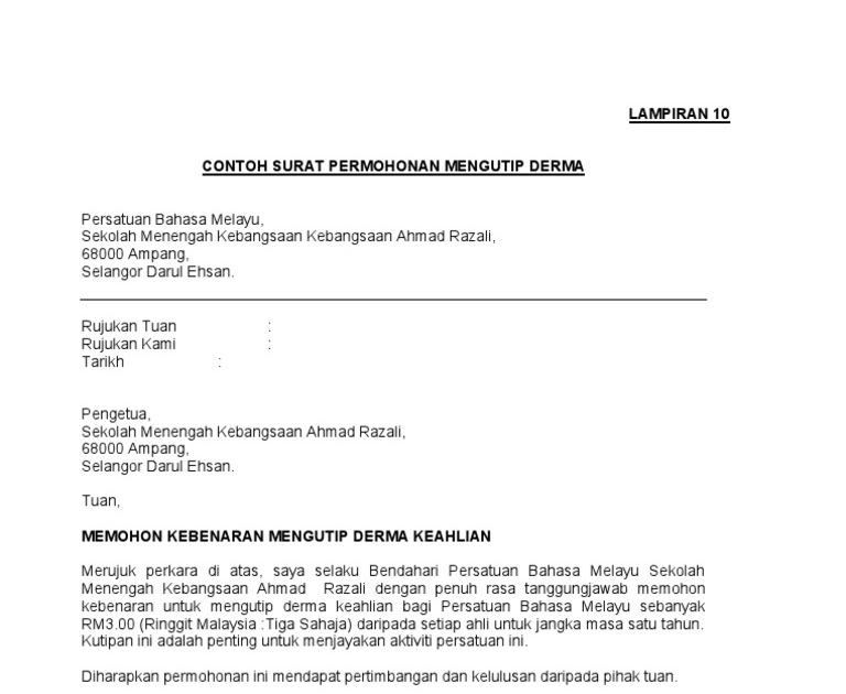 Contoh Surat Memohon Kutipan Derma