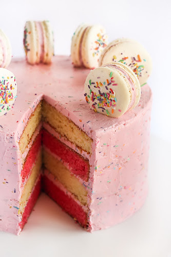 Pink & White Layered Sprinkle Cake with Macarons