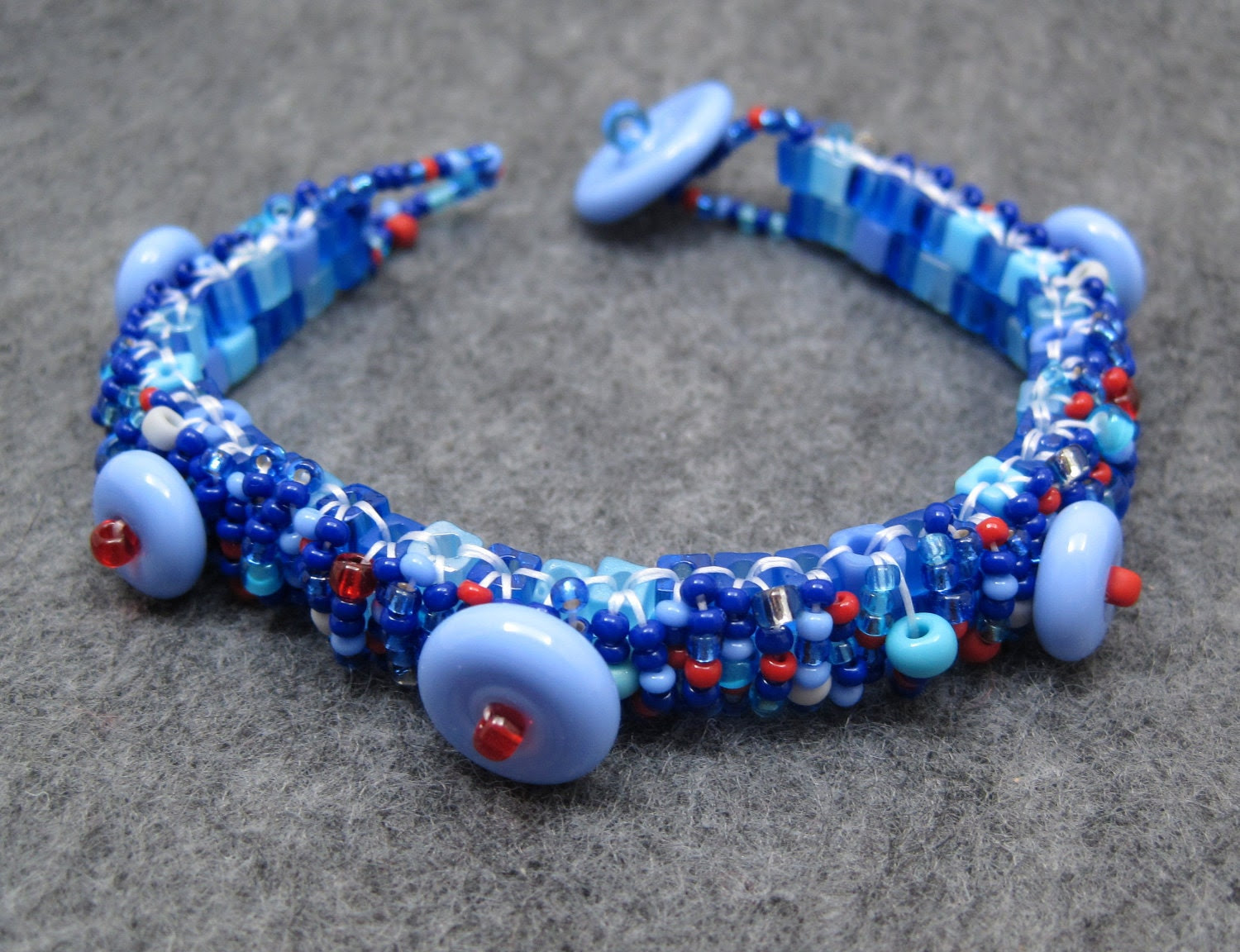 Beaded Cuff Bracelet - Skinny Nautical Blue Red Gray by randomcreative on Etsy - randomcreative Beaded Cuff Bracelet - Skinny Nautical Blue Red Gray by randomcreative on Etsy - randomcreative