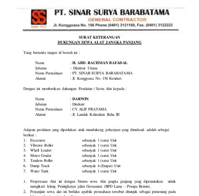 Contoh Surat Permohonan Alat Berat