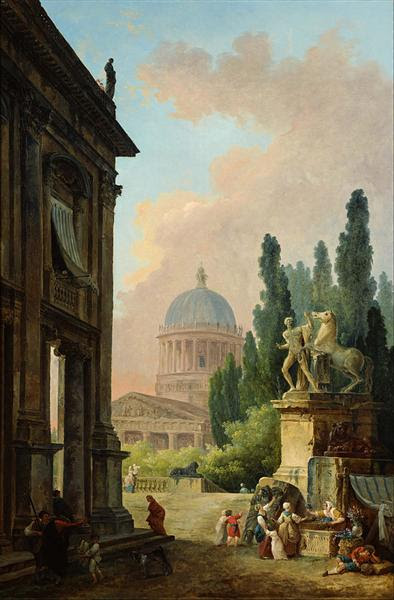 Imaginary View of Rome with the Horse-Tamer of the Monte Cavallo and a Church - Robert Hubert
