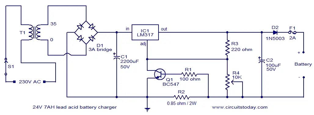 Todays Circuits ~ Engineering Projects | : 24V lead acid battery charger  circuit