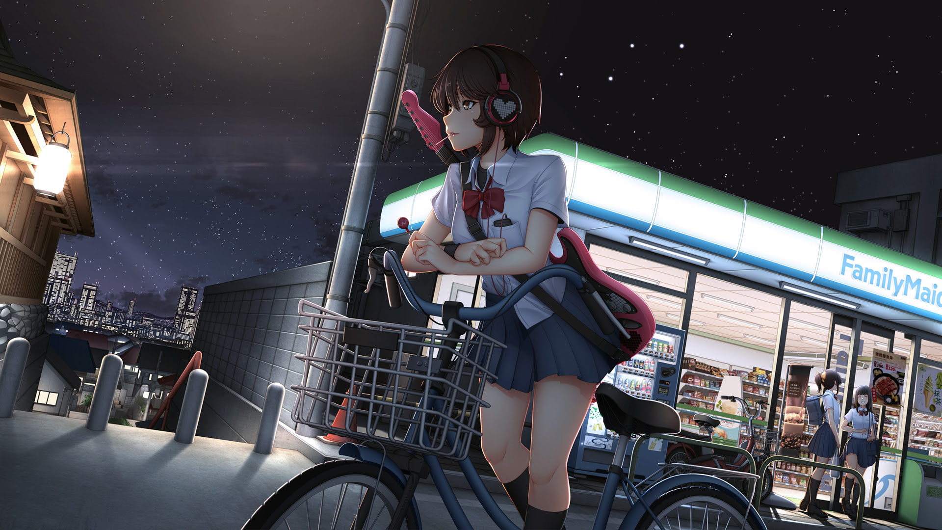 Cute Anime Girl With Bicycle Listening Music On Headphones ...