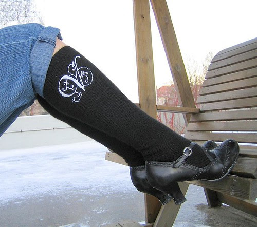 Embroided black knee-high socks