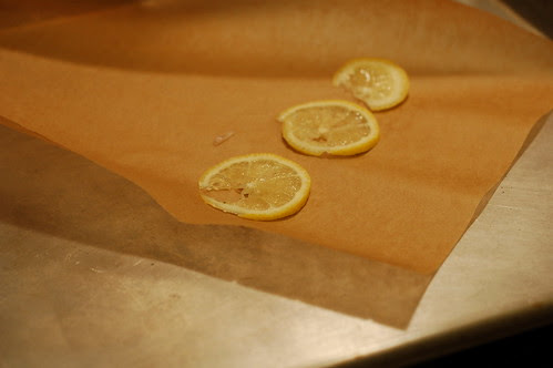 Lemon slices on parchment paper for poulet en papillote by Eve Fox, Garden of Eating blog