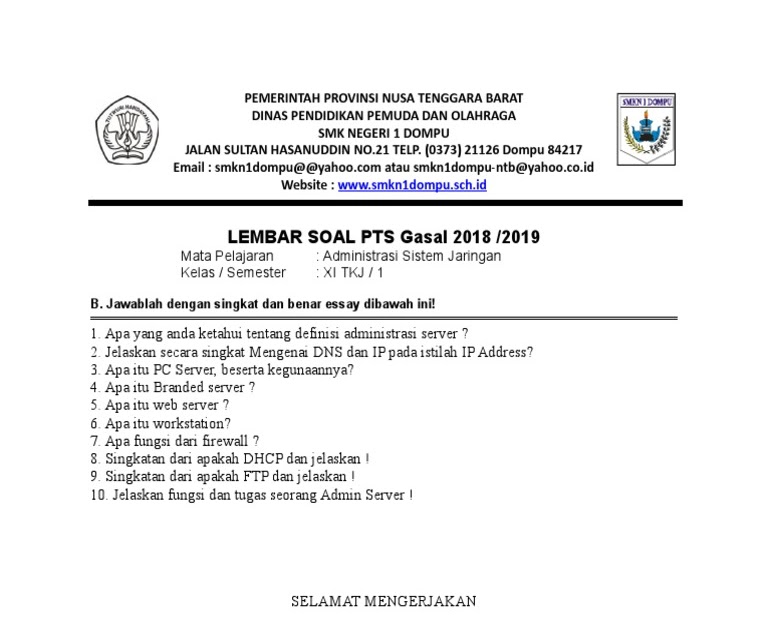 Soal Dan Jawaban Pilihan Ganda Administrasi Sistem Jaringan Kelas Xi