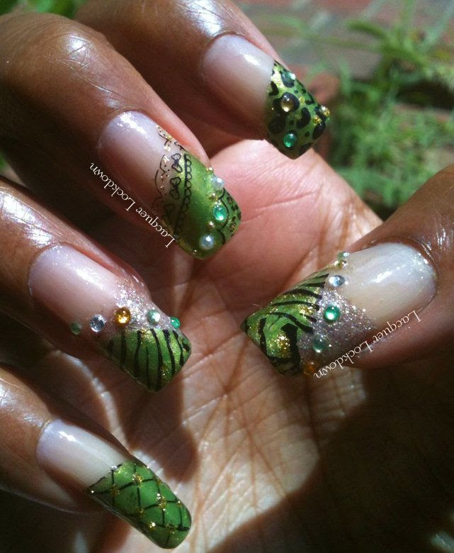 Leopard Laced Peridot Mani Lacquer Lockdown - LLDBHB, peridot, green, leopard print, zebra print, grid print, bling, rhinestones, safari nails, lace print nails, rhinestone nails, stamping, Cheeky plates, Shany plates, Konad