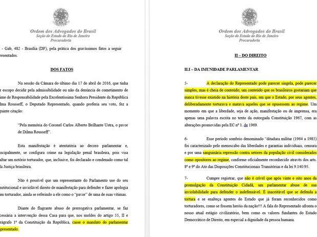 Documento da OAB diz que deputado Jair Bolsonaro 'defende o indefensável' (Foto: Reprodução)