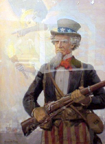 Uncle Sam With Rifle, Miss Liberty Pointing The Way