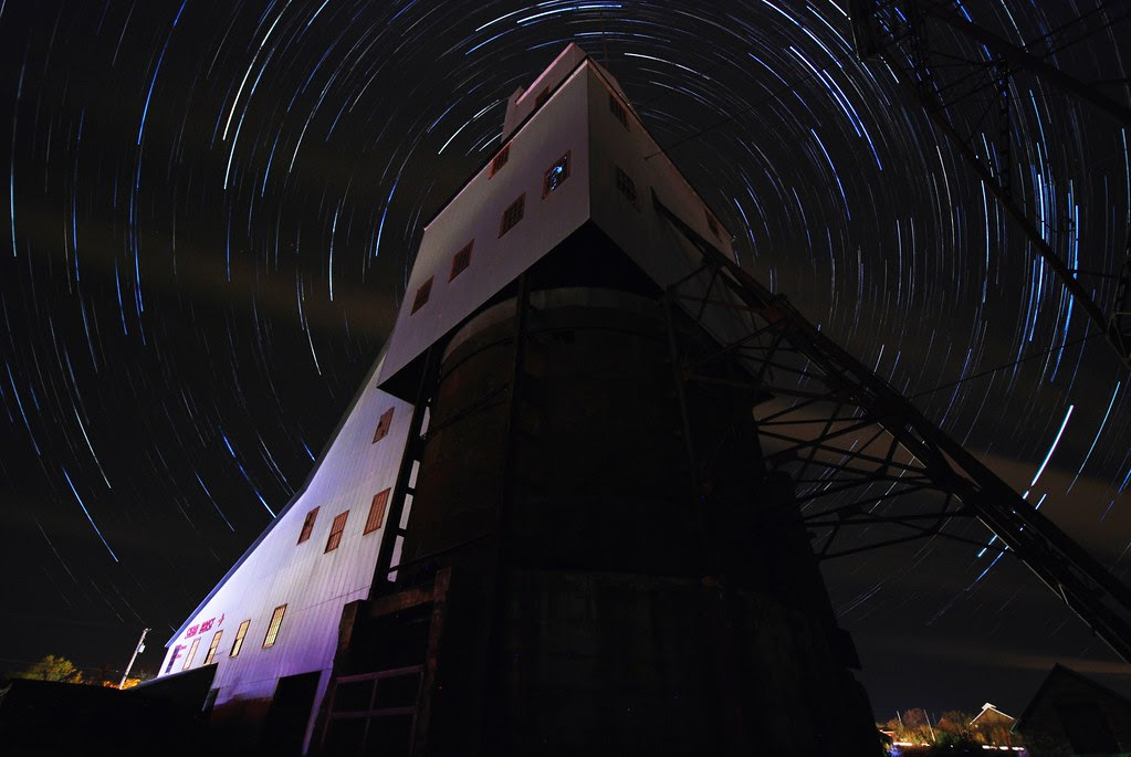 Circular star trails with the Quincy Number 2 shaft house in the center.