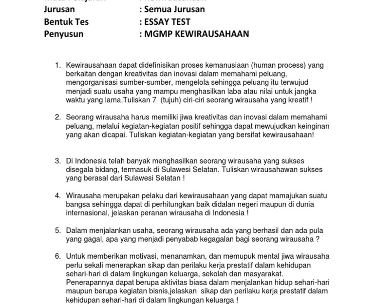 contoh soal essay kewirausahaan kelas 12