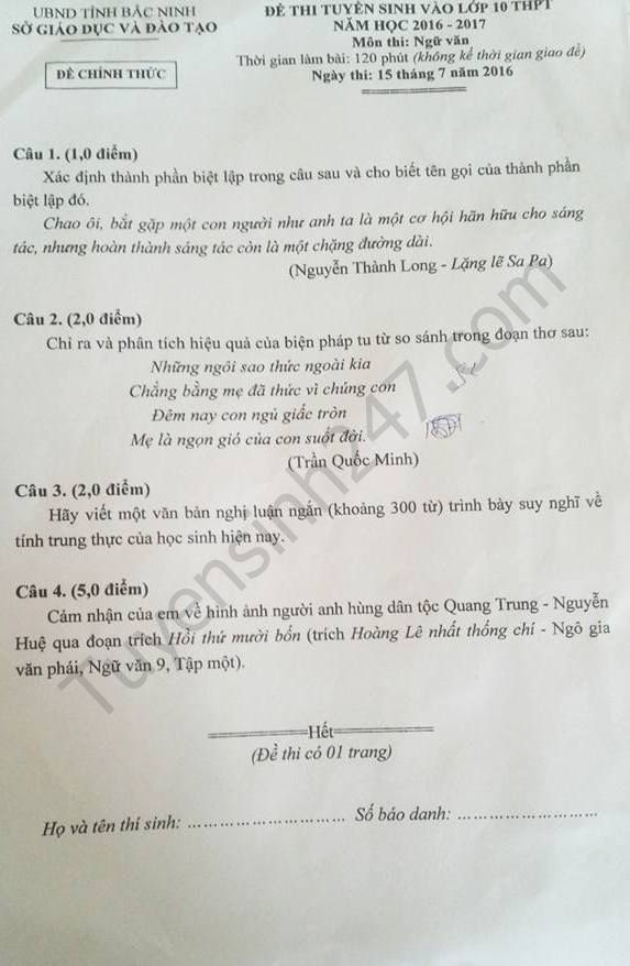 De thi vao lop 10 mon Ngu Van tinh Bac Ninh nam 2016