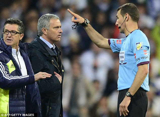 Off you go: Jose Mourinho is told to leave his technical area by referee Clos Gomez in the Copa del Re final