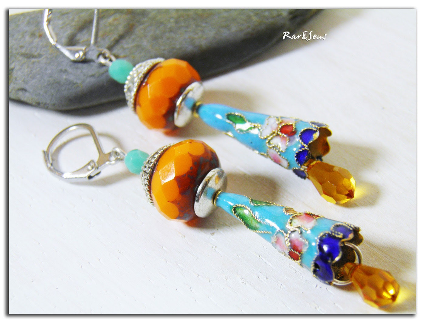 Turquoise and orange earrings-" Ethnic chic" Czech bead orange-yellow crystal-Turquoise caps- - rareetsens Turquoise and orange earrings-" Ethnic chic" Czech bead orange-yellow crystal-Turquoise caps- - rareetsens