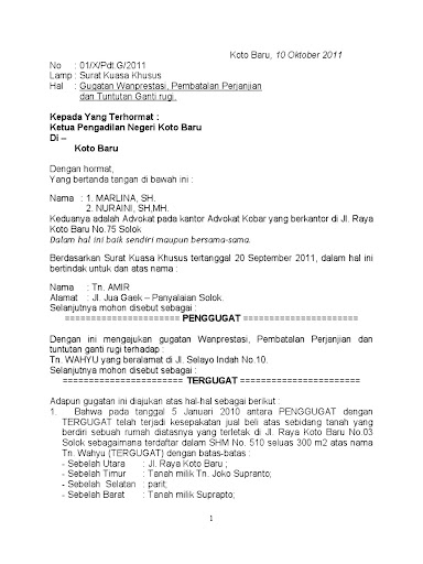 Contoh Surat Gugatan Wanprestasi Pdf