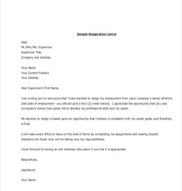 Letter Of Resignation From Job FREE 6+ Sample
