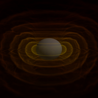 Frame from a simulation of the merger of two black holes and the resulting emission of gravitational radiation (colored fields, which represent a component of the curvature of space-time). The yellow areas near the black holes do not correspond to physical structures but generally indicate where the strong non-linear gravitational-field interactions are in play.Credit: NASA/C. Henze