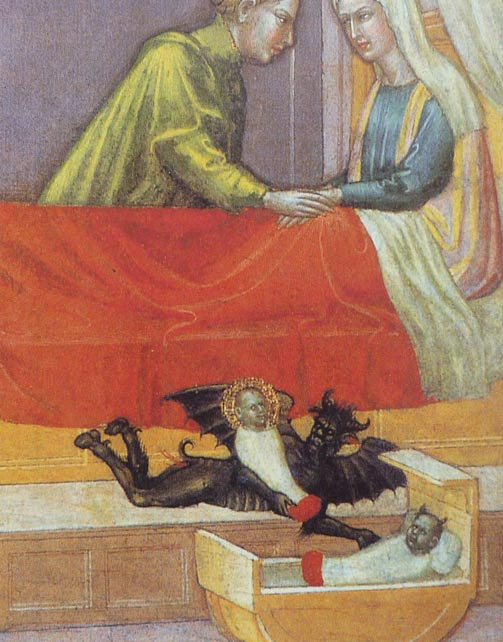 The devil steals a baby and leaves behind a fairy replacement, known as a changeling. Early 15th century.