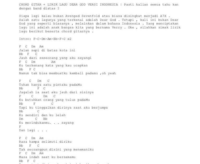 Lirik Lagu Dear God Jalan Sepi Gudang Kunci Lagu