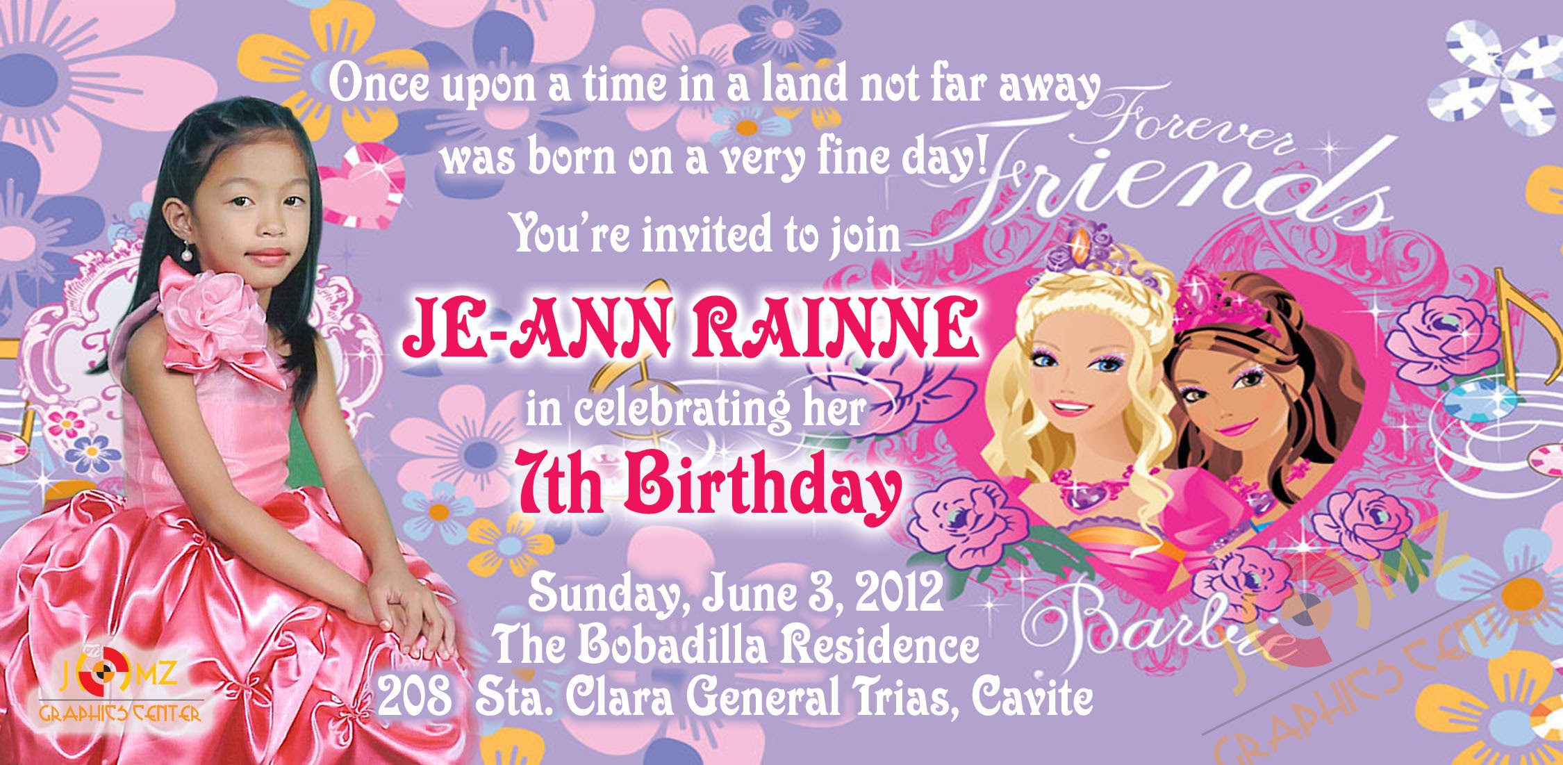 7th birthday barbie invitation card