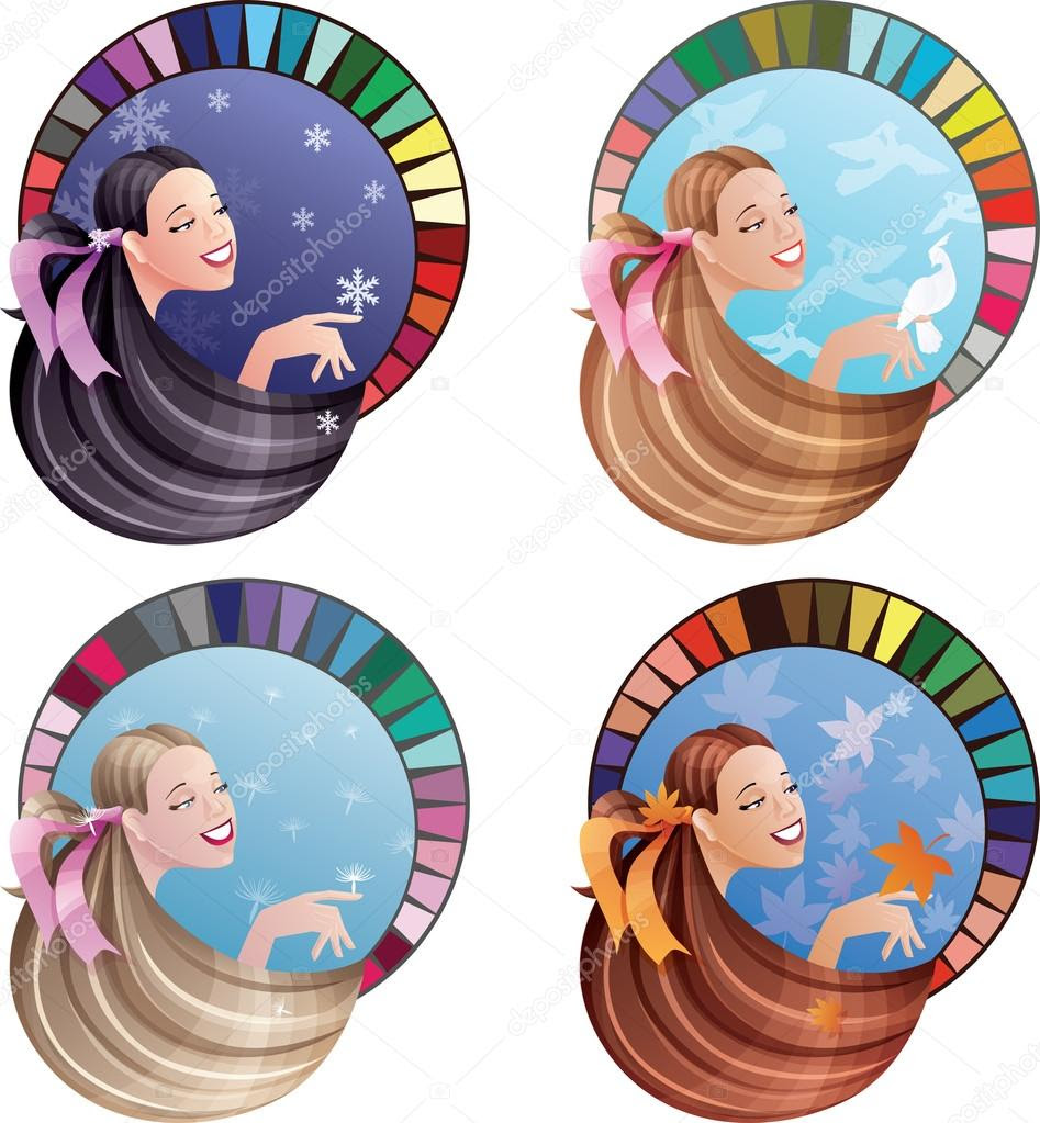 Young laughing women with long hair coloured by seasonal color s