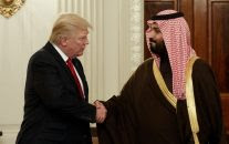 President Donald Trump shakes hands with Saudi Defense Minister and Deputy Crown Prince Mohammed bin Salman, Tuesday, March 14, 2017, in the State Dining Room of the White House in Washington. (AP/Evan Vucci)