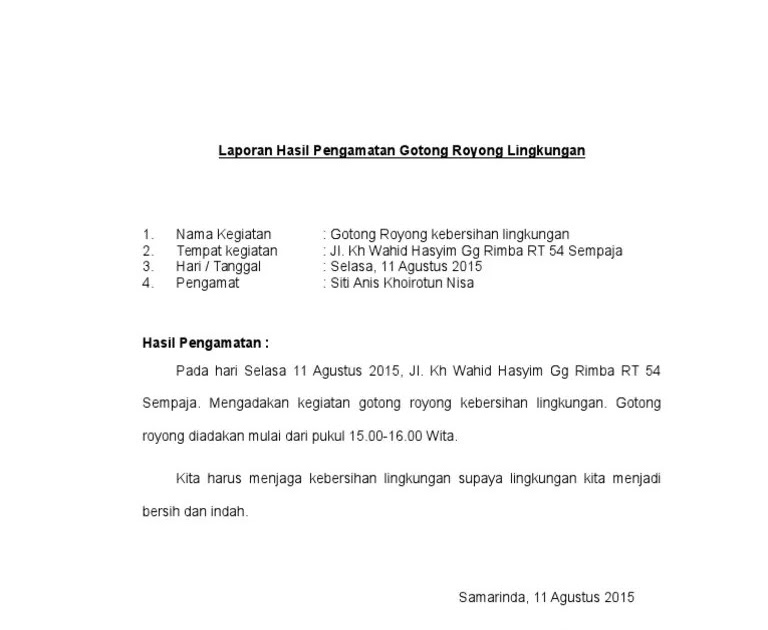 Contoh Laporan Observasi Tentang Lingkungan Rumah / Teks