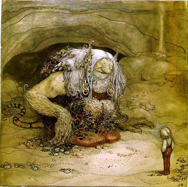 John Bauer - Illustration of Alfred Smedberg's The boy who never was afraid in the childrens' anthology Among pixies and trolls, 1912