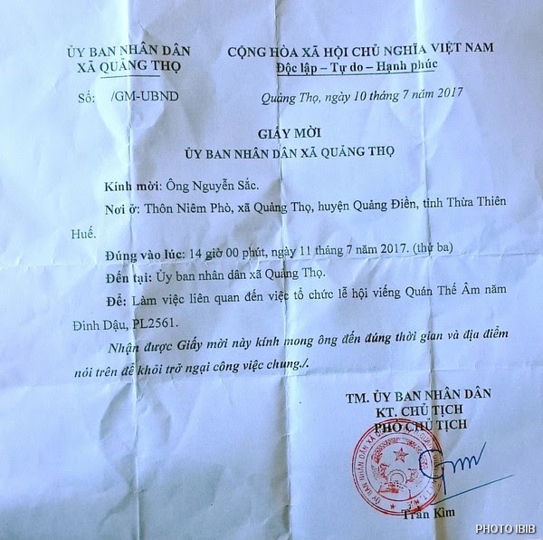 Một Giấy Mời Làm việc tiêu biểu của Công an gửi cho các Huynh trưởng Gia Đình Phật tử Thừa Thiên phụ trách Trại Hiếu Hạnh ở Huế