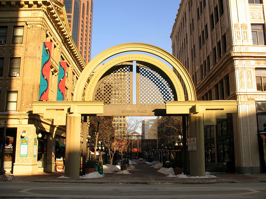 Old seventh street was moved one block north in the 1980s. This stretch of road is now a walkway and is officially called Seventh Place.