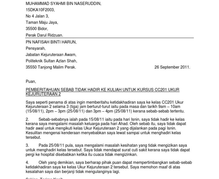 Surat Rasmi Ketidakhadiran Ke Kelas - Surasmi G