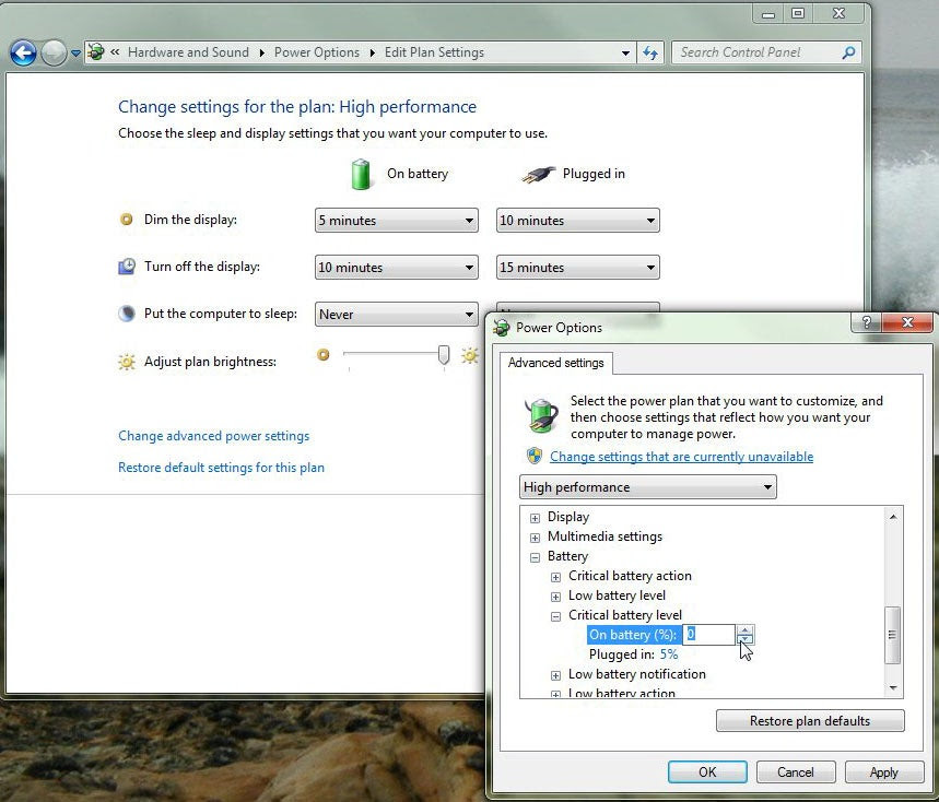 Battery settings in Windows 7. (Click for larger image.) Battery settings in Windows 7. (Click for larger image.)