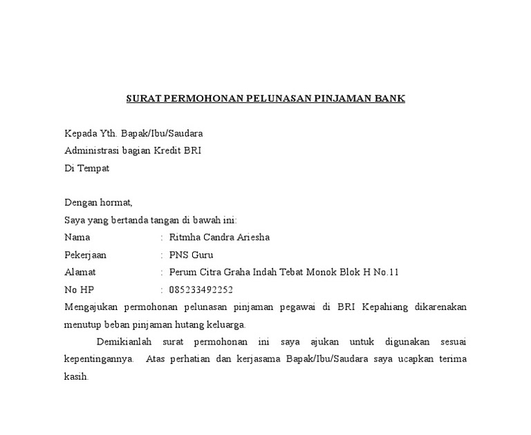 Contoh Surat Penting: Surat Permohonan Pelunasan Pinjaman Bank
