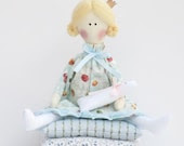 Handmade cloth doll, fairy tale doll Princess and the Pea blue dress,blonde with kitty, fabric doll stuffed doll - gift for girl - HappyDollsByLesya Handmade cloth doll, fairy tale doll Princess and the Pea blue dress,blonde with kitty, fabric doll stuffed doll - gift for girl - HappyDollsByLesya