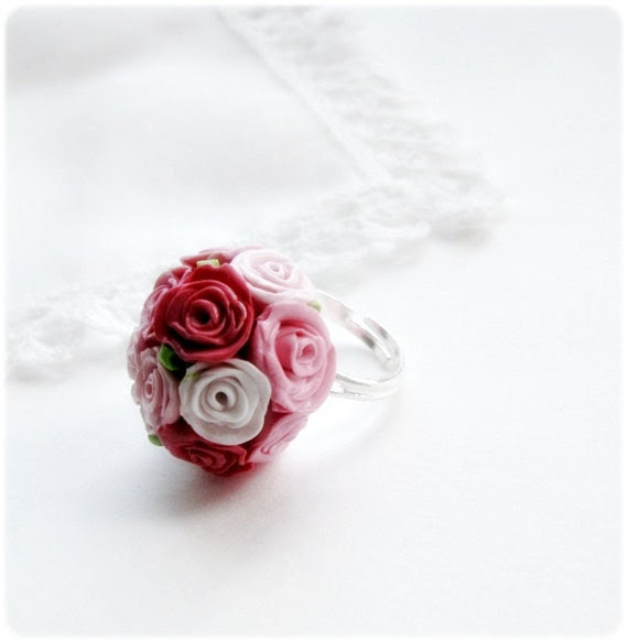 Adjustable Cocktail Ring with tiny pink and white roses