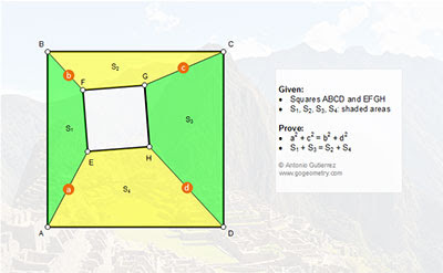 (English ESL): Problema de Geometria 1182: Dos cuadrados, Cuatro Cuadrilateros, Suma de areas, Relaciones metricas.