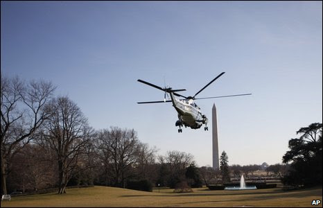 The Obama's take off in the Marine One helicopter from the south lawn of the White House (7 February, 2009)