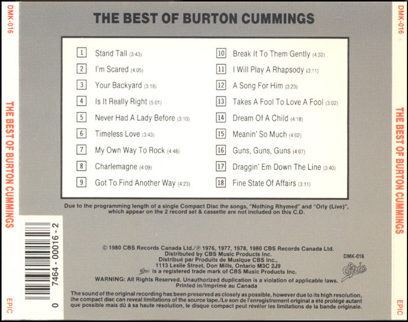 Cd Album Burton Cummings The Best Of Burton Cummings Epic Canada