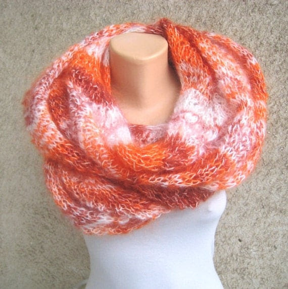 Handknit Lace Scarf/Shawl Extra long Orange/White Mohair Luxurious Light Comfortable Beautiful pattern Handmade by Dimana