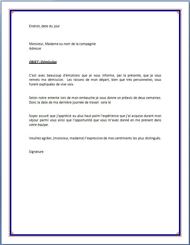Document modèle Lettre de préavis 1 mois travail