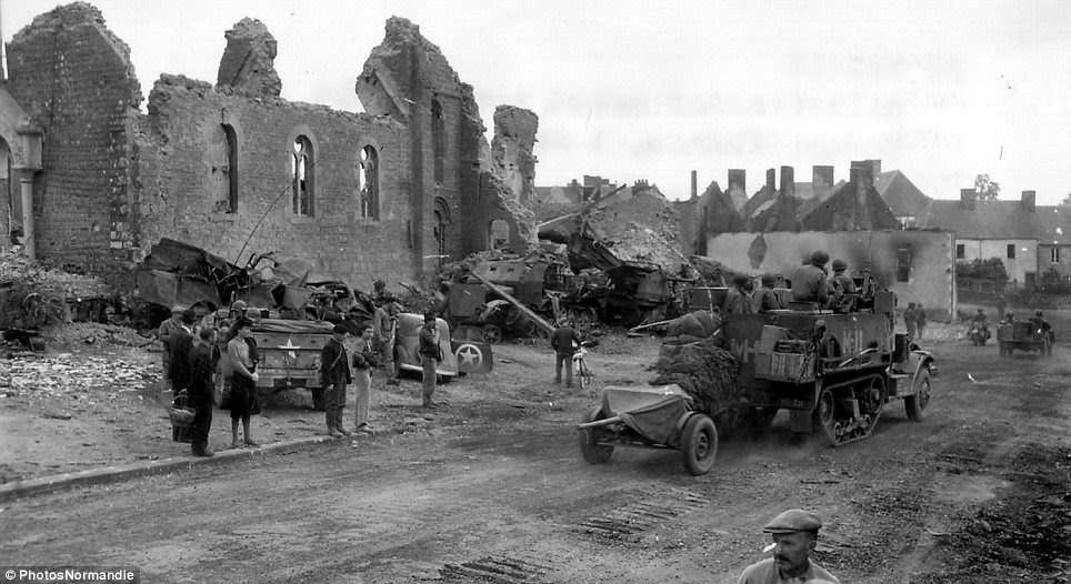 Bombed out: The church in Roncey, which was largely destroyed as a result of conflict between the Allies and the Nazis