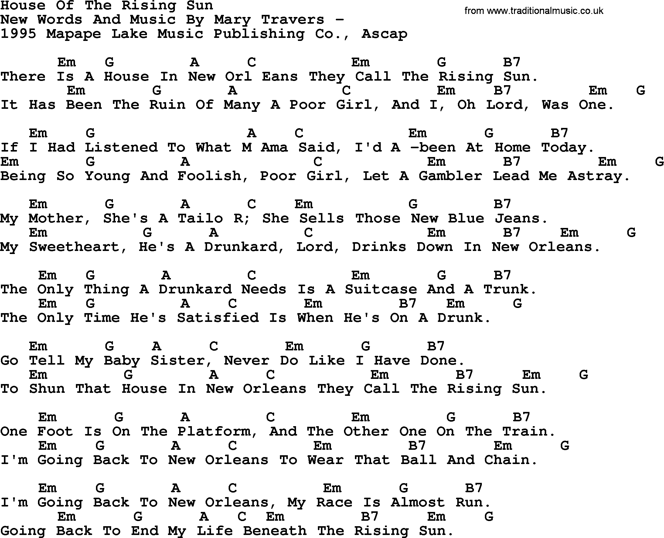 House Of Rising Sun Guitar Chords Sheet and Chords Collection