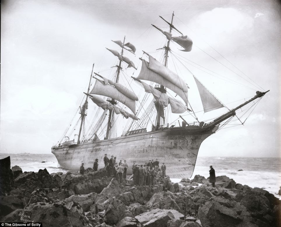 Precious cargo: The Glenbervie, which was carrying a consignment of pianos and high quality spirits crashed into rocks Lowland Point near Coverack, Cornwall, in January 1902 after losing her way in bad weather.