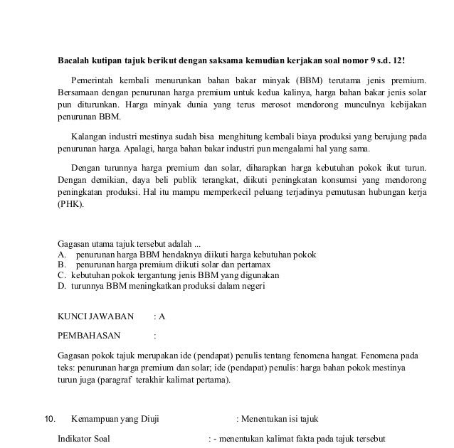 Soal Bahasa Indonesia Menentukan Gagasan Utama Teks Pendek - Kumpulan Tugas