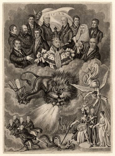 Reform Act of 1832 political cartoon on the reform act of 1832, there's a lion and a dragon being slain by Britannia personnified and I don't even know