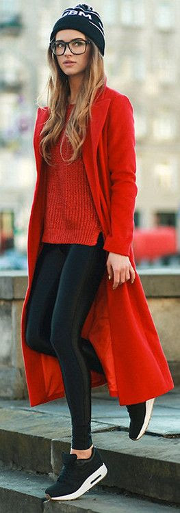 Fall / winter - street style - black sneakers + leather skinnies + red sweater + red coat + black beanie
