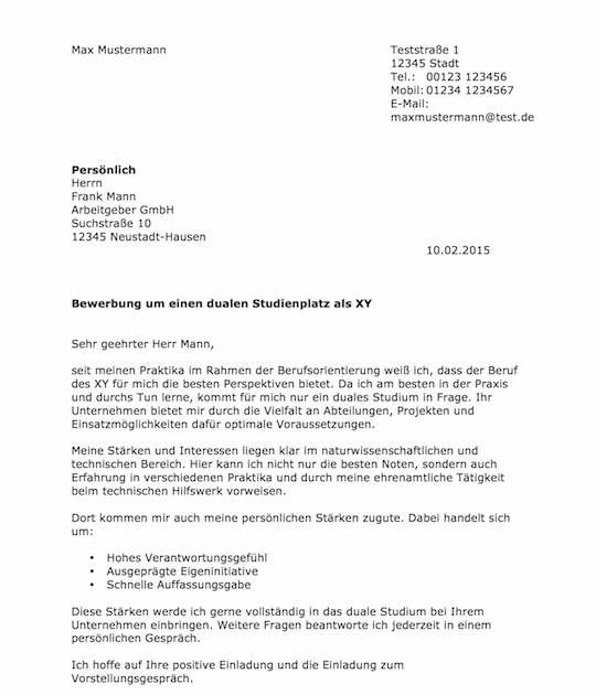 Bewerbungsschreiben Muster Bewerbungsschreiben Duales Studium