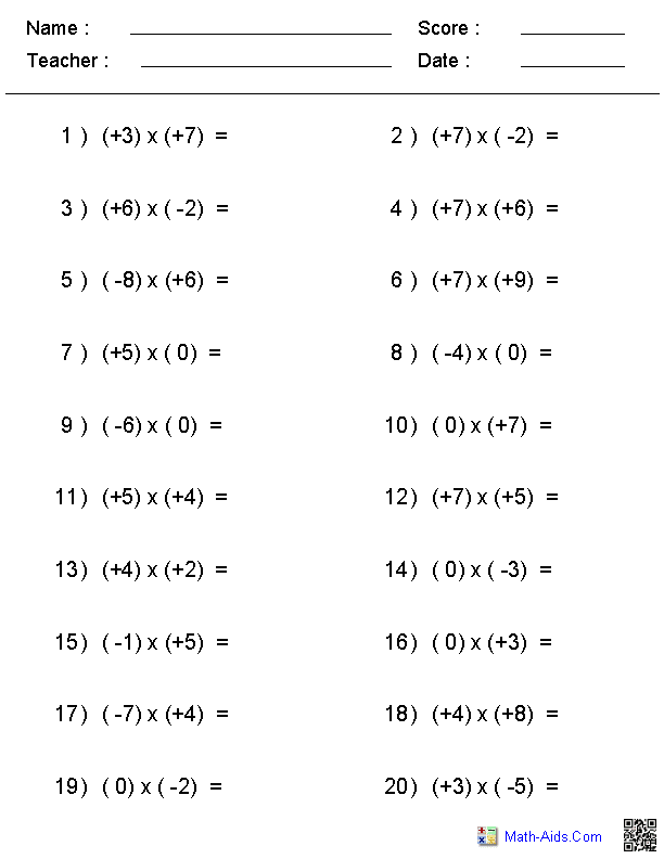 Multiply Divide Positive Negative Numbers Worksheet