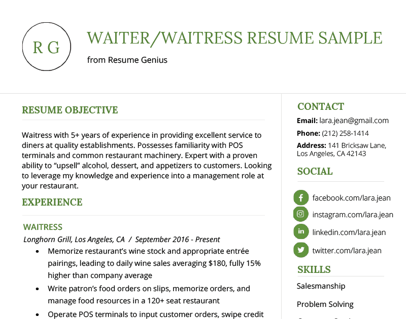 cv-waitress-example-no-experience